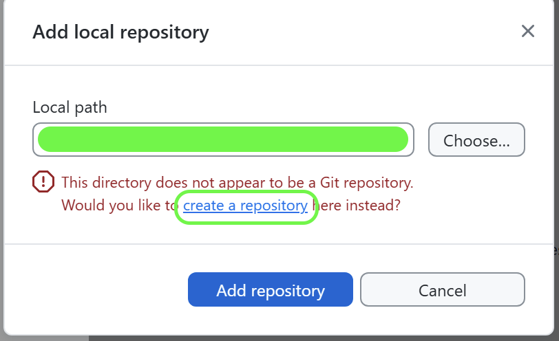 GitHub DesktopでGitリポジトリではないフォルダーからcreate a repositoryを選ぶ画面