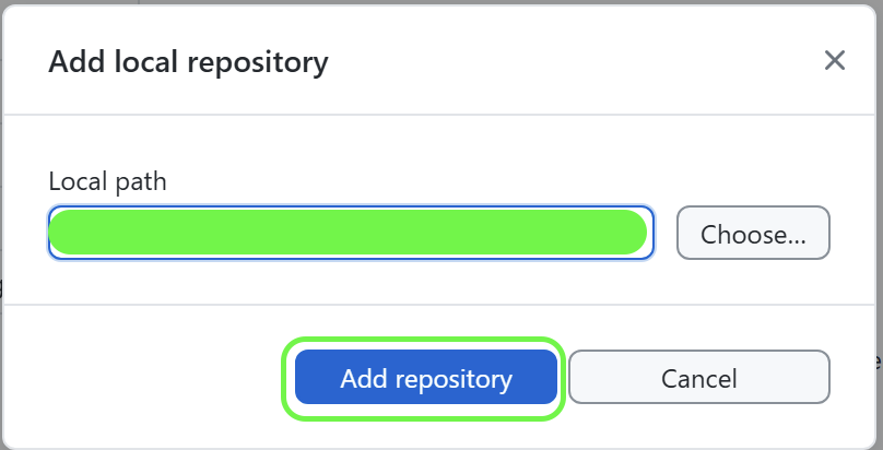 GitHub DesktopのAdd local repository画面でAdd repositoryボタンを選ぶ