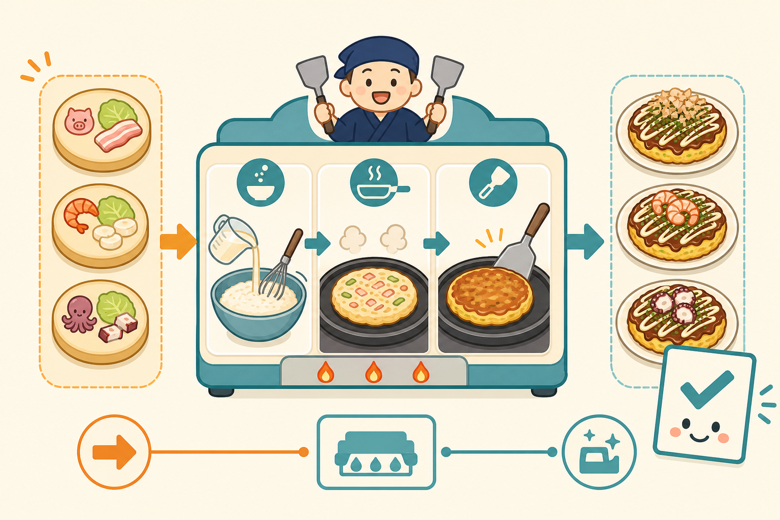 枚数を入力し、お好み焼きを作って結果を返す流れのイラスト