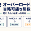 C#のオーバーロードと省略可能な引数を、整数用Add・小数用Add・既定値b=3の3例で表したアイキャッチ