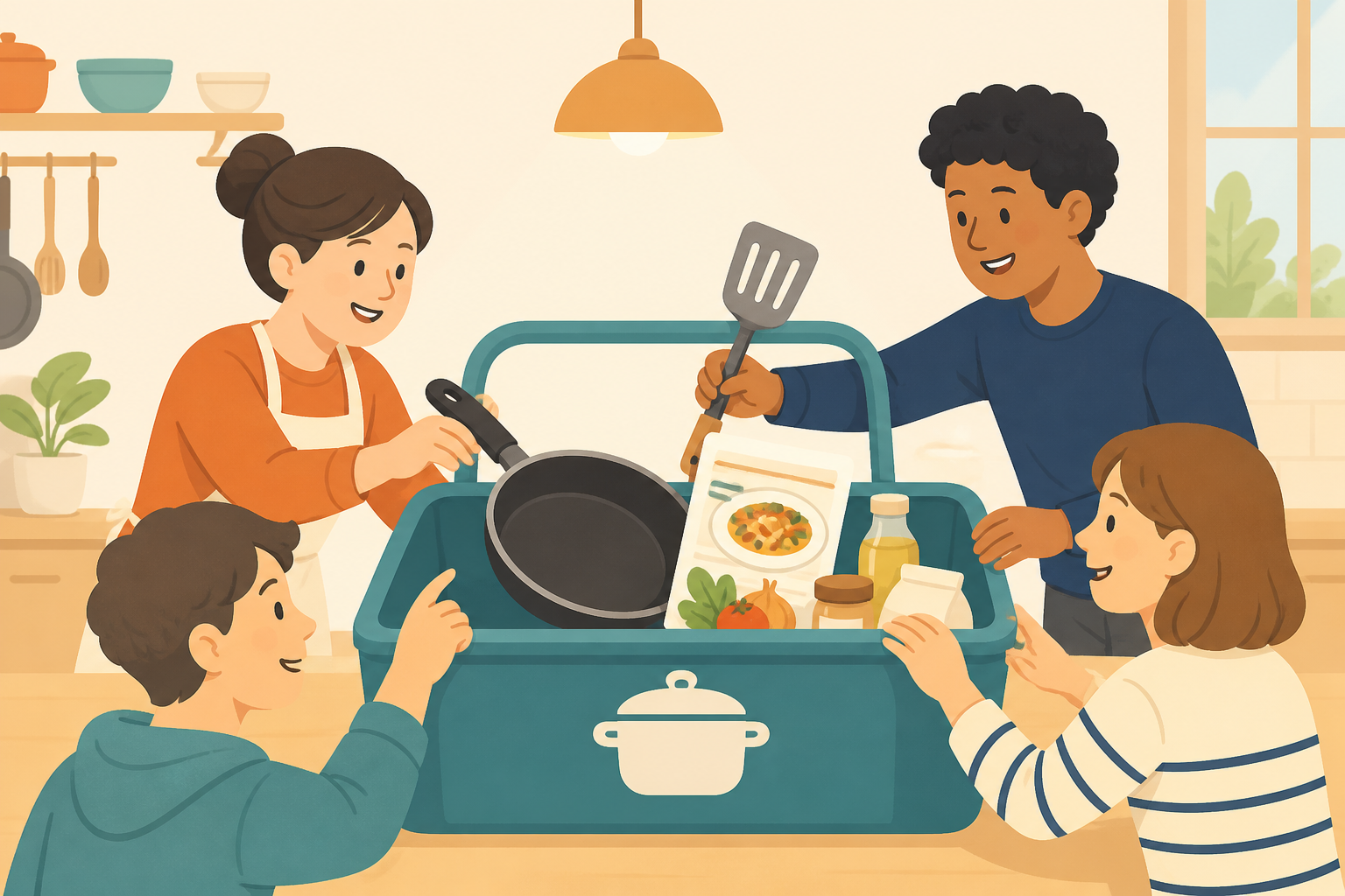 複数の人が同じ料理道具箱を共有して使うイラスト