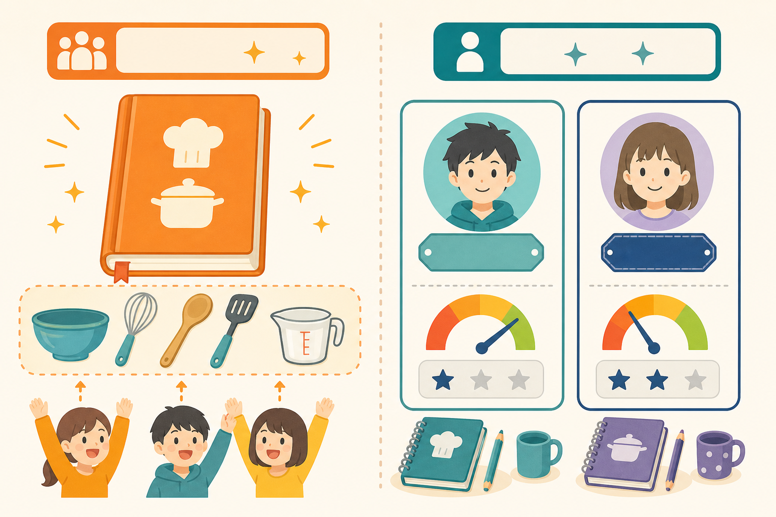 共通の料理レシピと個別の生徒データを比較するイラスト