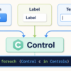 Button・Label・TextBoxが共通の基底クラスControlとしてforeachでまとめて扱えることを示す図