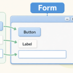 フォームを土台としてButton、Label、TextBoxなどのコントロールを配置する関係を示す図