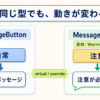 どちらもMessageButton型として扱いながら、通常のMessageButtonとWarningButtonでGetMessageの結果が変わるポリモーフィズムを示す図