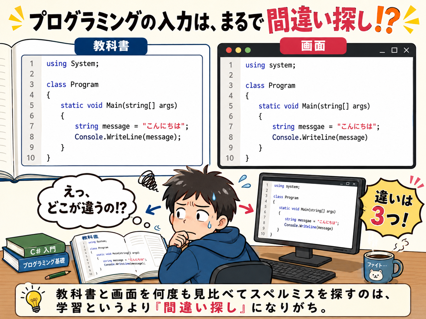 プログラミングの入力は、まるで間違い探し!?