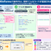 WinFormsで操作すると裏側でコードが追加される流れの概念図（Button配置、Label追加、Clickイベント追加、実行結果）