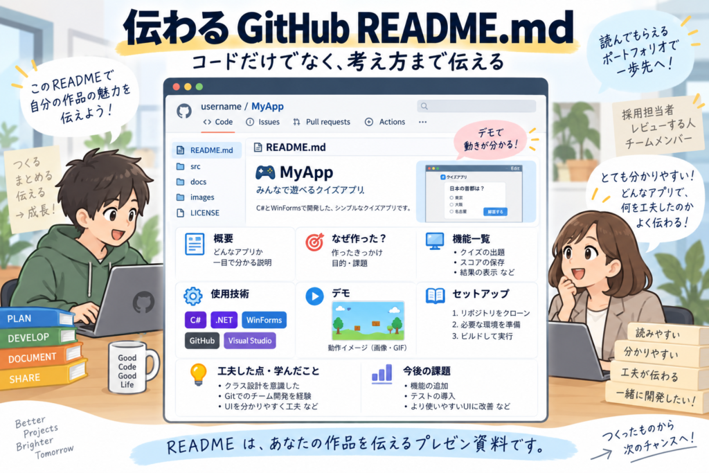 「伝わるGitHub README.md」の全体図。就活で読まれるREADMEに、概要、作った理由、機能一覧、使用技術、デモ、セットアップ、工夫した点・学んだこと、今後の課題を載せて、考え方まで伝えるイラスト。