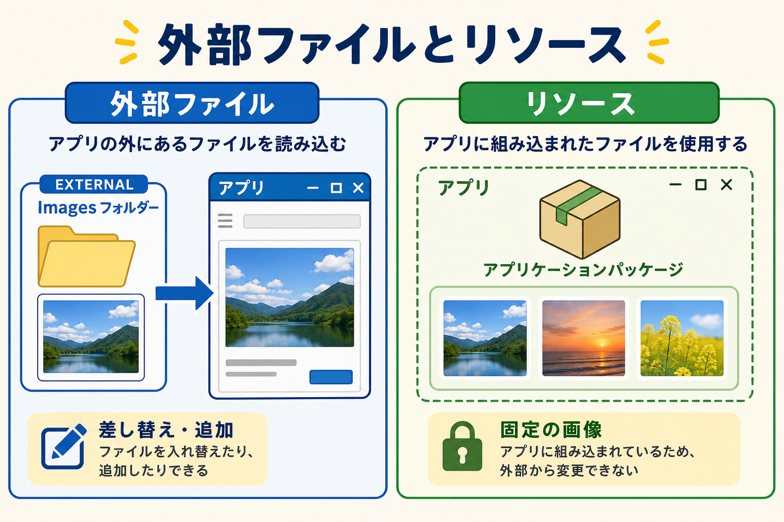 外部の画像ファイルを読み込む方法と画像をアプリのリソースに組み込む方法の違い