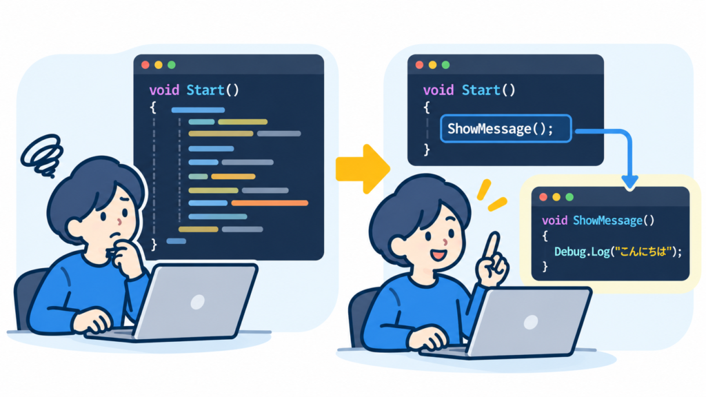 長いStartの中身をShowMessageメソッドに切り出し、Startが短く読みやすくなった比較