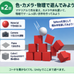 Unity体験 第2回「色・カメラ・物理で遊んでみよう」の内容を示したイラスト。Material、Camera、Plane、Rigidbodyを付けたCubeを使い、Sphereで積み木を崩す。