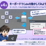 Unity体験 第4回「キーボードでCubeを動かしてみよう」の内容を示したイラスト。矢印キーでCubeを動かし、InspectorでSpeedを変える。