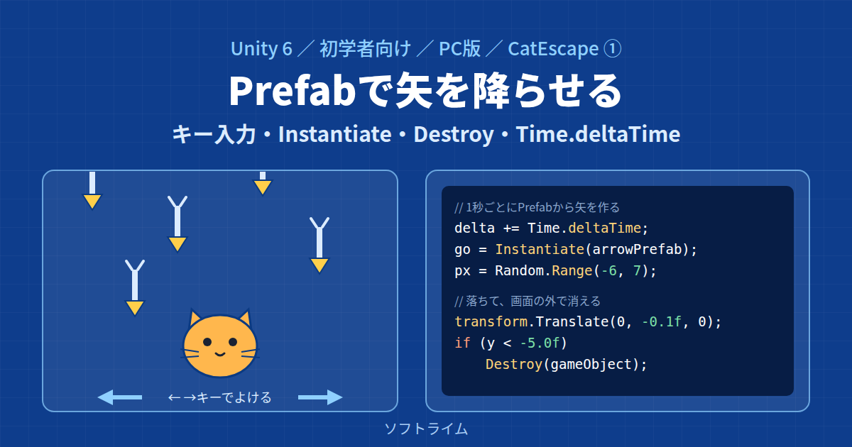 Unity 6でCatEscapeを作る① ― 猫の移動と、Prefabで矢を降らせる仕組み(PC版)