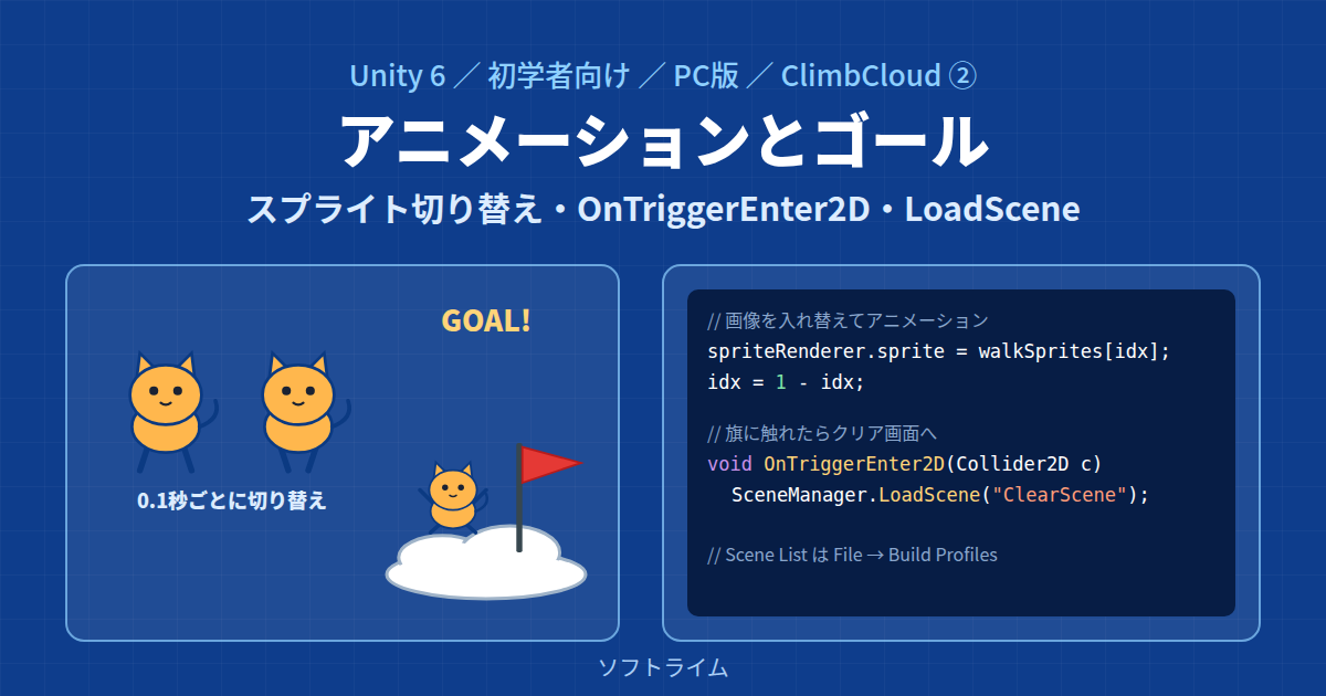 Unity 6でClimbCloudを作る② ― パラパラ漫画のアニメーションと、ゴール・シーンの切り替え(PC版)