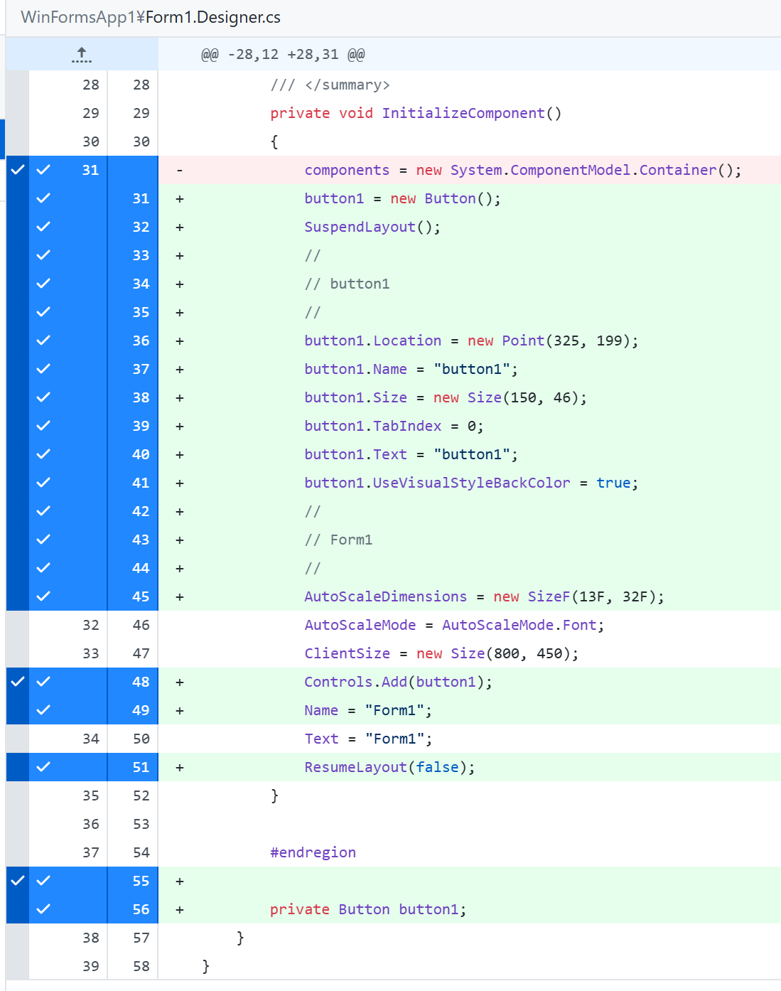 Buttonを1個配置したときのForm1.Designer.csの差分