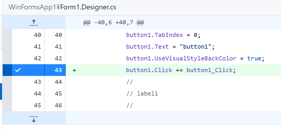 Clickイベント追加時のForm1.Designer.csの差分