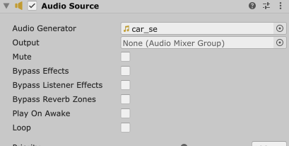 Unity 6 Audio SourceのインスペクターでAudio Generatorにcar_seを設定した画面