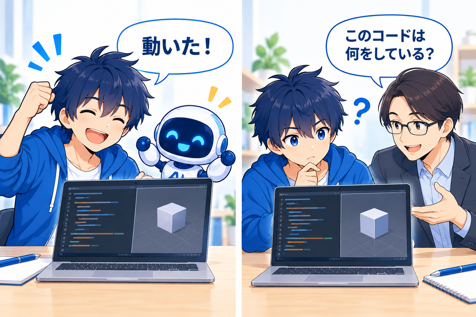 プログラムが動いたこととコードを理解していることの違いを示すイラスト