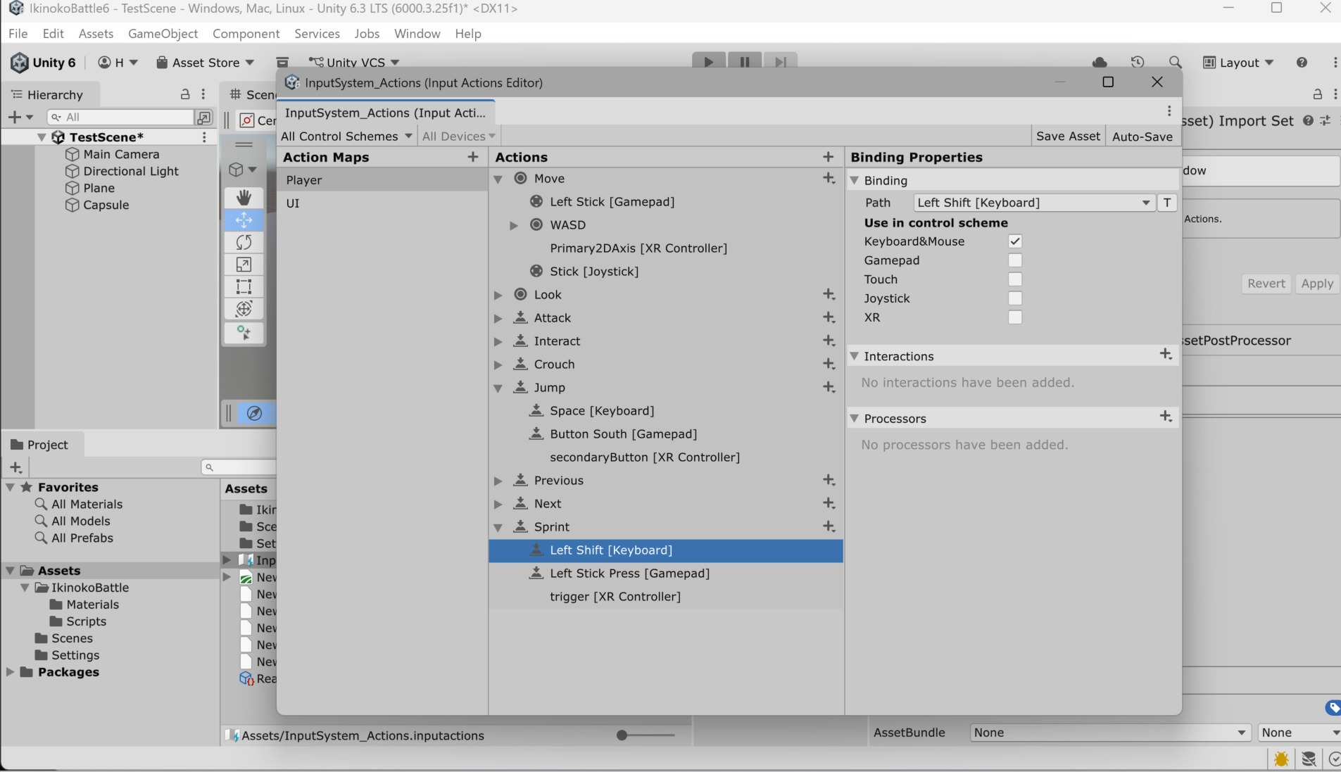 Unity 6.3 LTSのInputSystem_Actionsで、PlayerのSprint内のLeft Shiftバインディングを選び、Keyboard&Mouseにチェックが入っている実画面