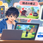 完成したゲームを前に、「機能追加」「弱点の修正」「書き換え」の3つの更新タイプと、Gitのブランチ(mainとbranch)を示したイラスト