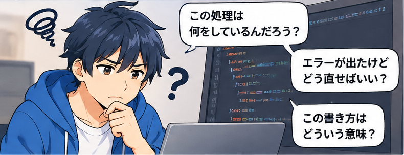 コードの画面を前に「この処理は何をしているんだろう?」「エラーが出たけどどう直せばいい?」と悩む学習者のイラスト