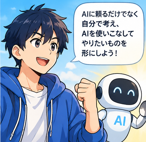AIロボットと並んで、AIを使いこなしてやりたいものを形にしようと語る学習者のイラスト
