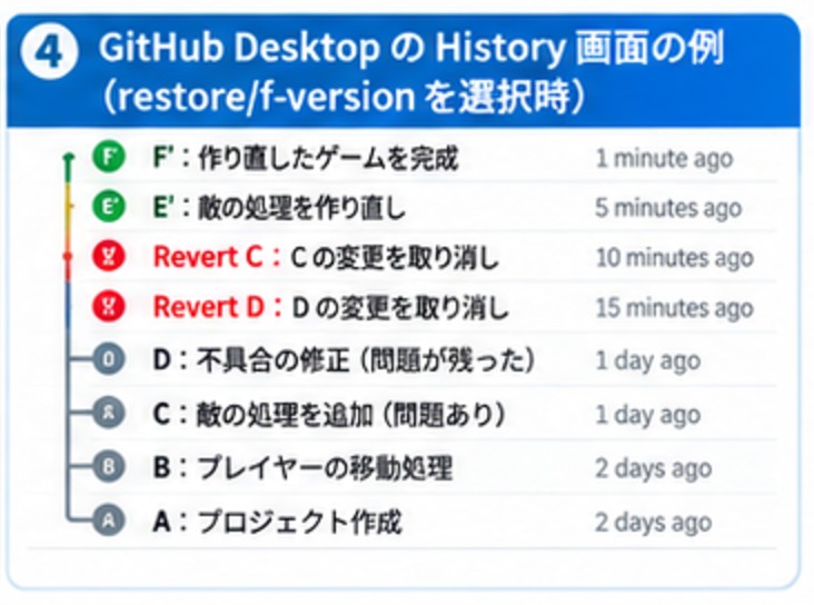 GitHub DesktopのHistory画面の例。restore/f-versionを選択した状態で、上からF'、E'、Revert C、Revert D、D、C、B、Aの順にコミットが並ぶ。