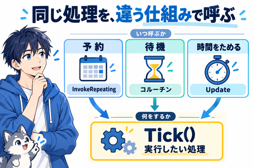同じTick()を、InvokeRepeating(予約)・コルーチン(待機)・Update(時間をためる)の3つの仕組みから呼ぶ図