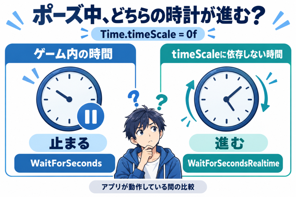 Time.timeScaleが0のとき、WaitForSecondsは止まり、WaitForSecondsRealtimeは進むことを比べた図