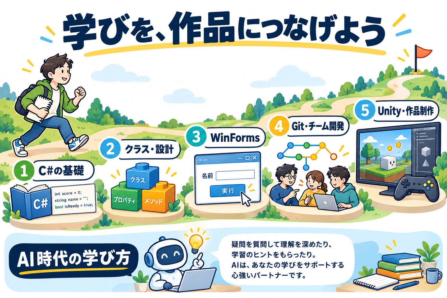 おすすめの学習ルート。C#の基礎、クラスと設計、WinFormsでのアプリ制作、Gitとチーム開発、Unityと作品制作へ進む道を描いたイラスト。AI時代の学び方は学習を支えるテーマとして添えています。