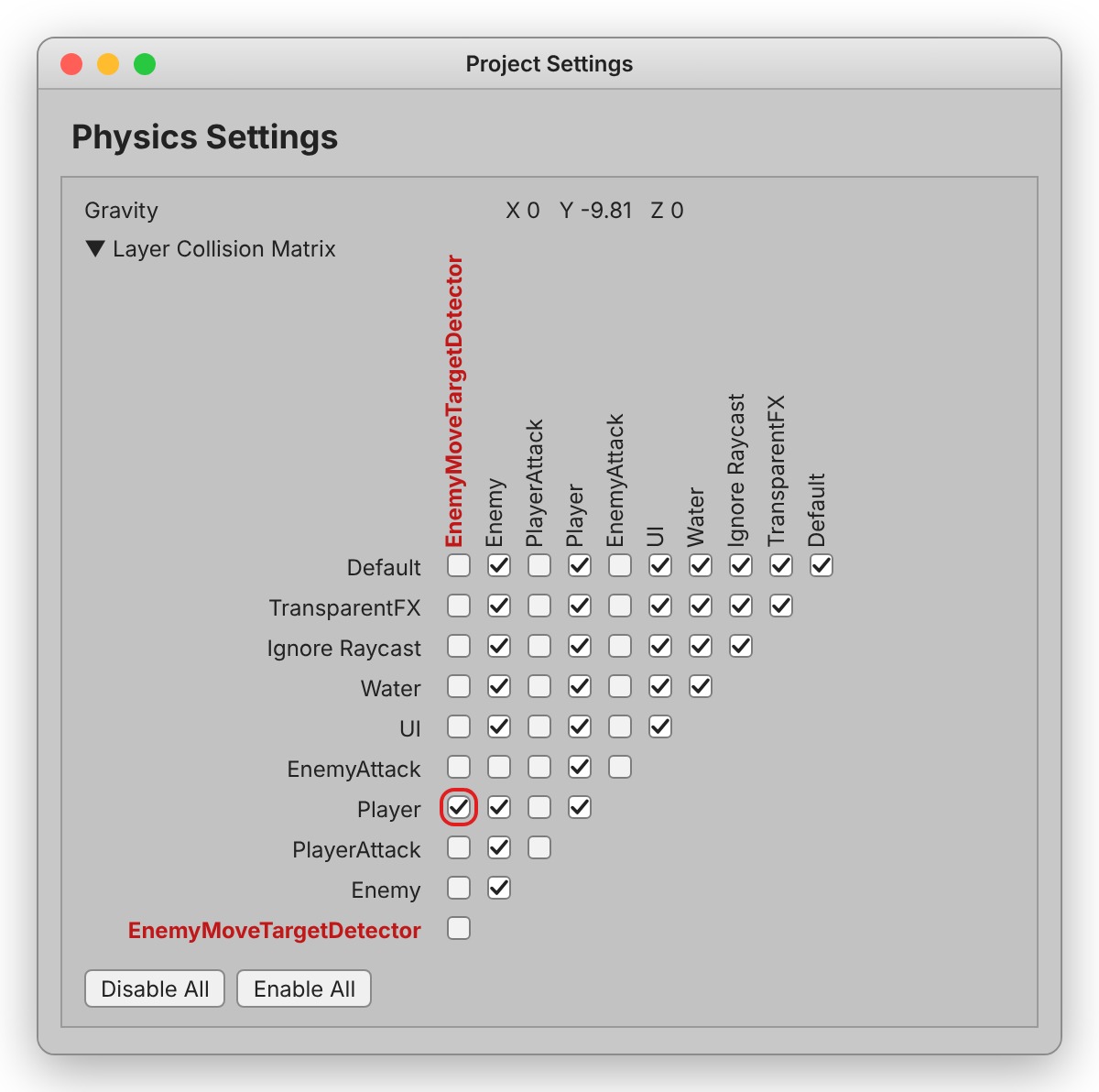 Physics設定のLayer Collision Matrix。EnemyMoveTargetDetectorの行と列で、Playerの組み合わせだけにチェックを入れた状態