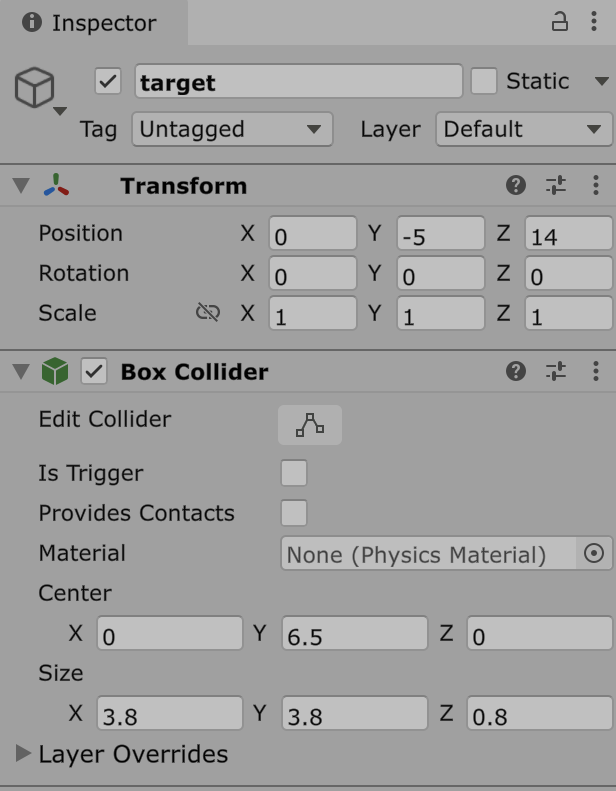 target の Inspector。Transform の Position と Box Collider の Center・Size