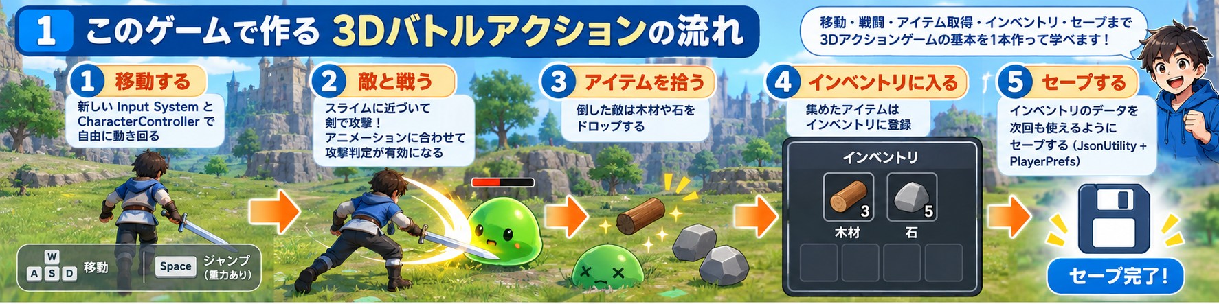 このゲームで作る3Dバトルアクションの流れ。移動する、敵と戦う、アイテムを拾う、インベントリに入る、セーブする、の順に進む図