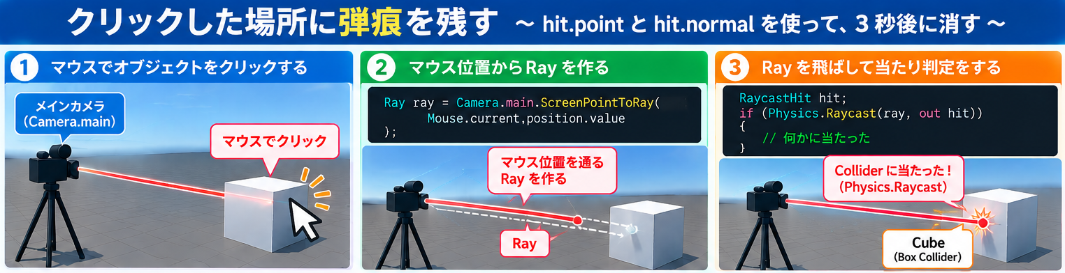 クリック、Rayの作成、当たり判定までの手順