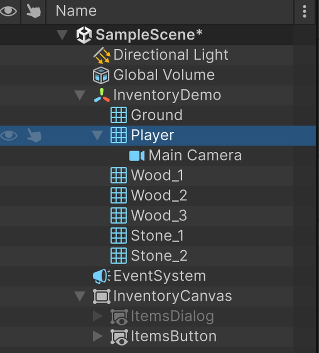 UnityのHierarchy。InventoryDemoの下にGround、Player(Main Camera付き)、Wood_1〜3、Stone_1・2があり、その下にEventSystemとInventoryCanvas(ItemsDialog、ItemsButton)が並んでいる