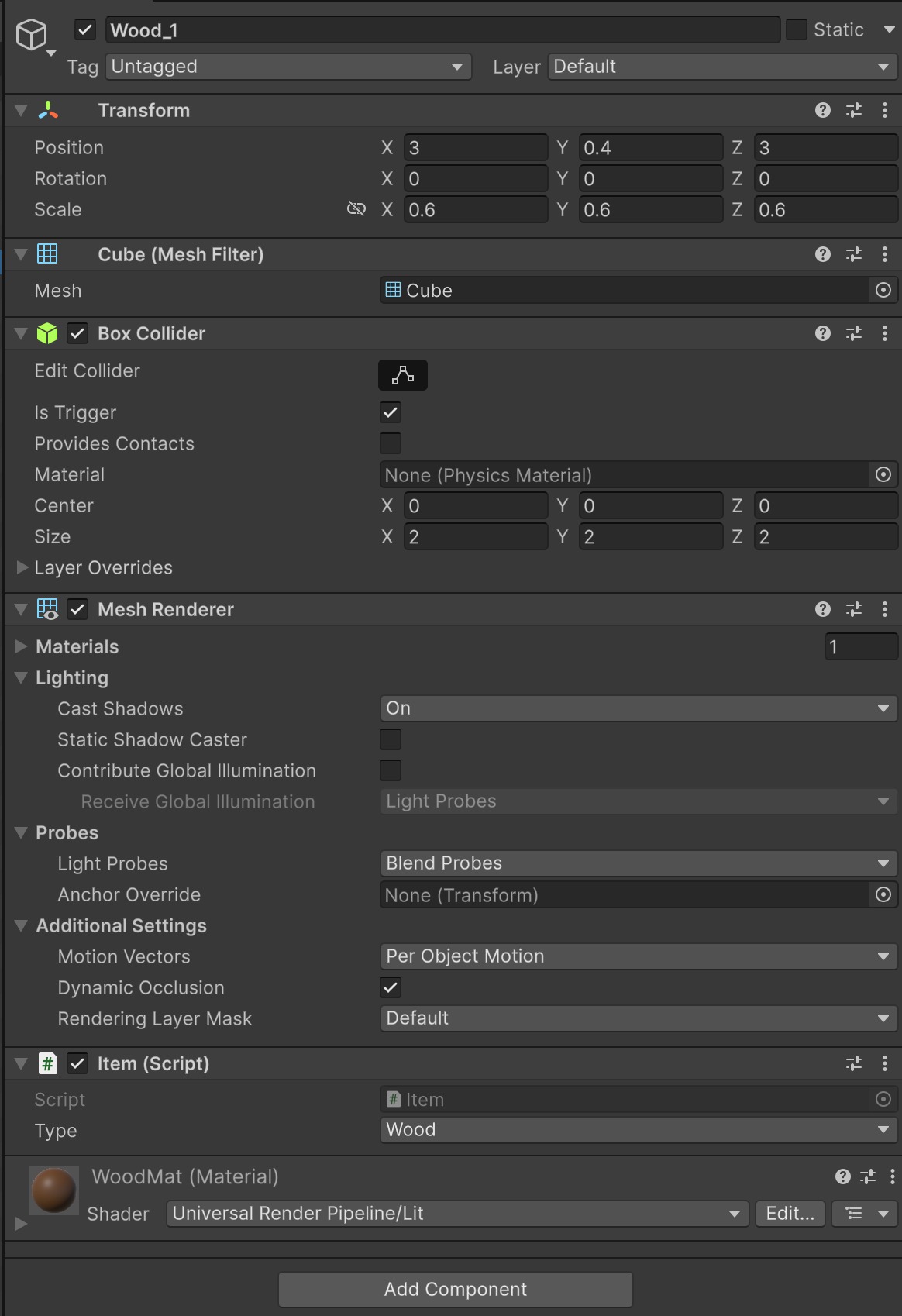 Wood_1のInspector。Box ColliderのIs Triggerにチェックが入り、Item(Script)のTypeがWoodになっている