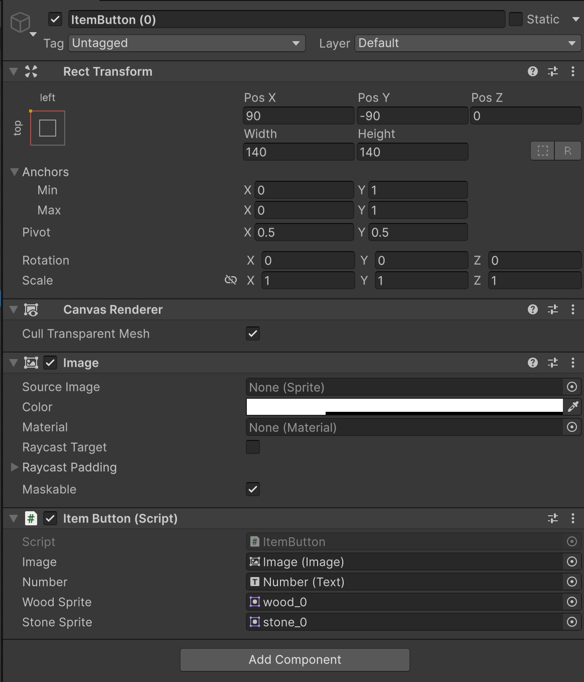 ItemButton (0)のInspector。Item Button(Script)のImage、Number、Wood Sprite、Stone Spriteが設定されている