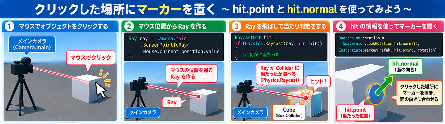 クリックした場所にマーカーを置く流れ:Rayを作り、Raycastで当たり判定をし、hitの情報でマーカーを配置する