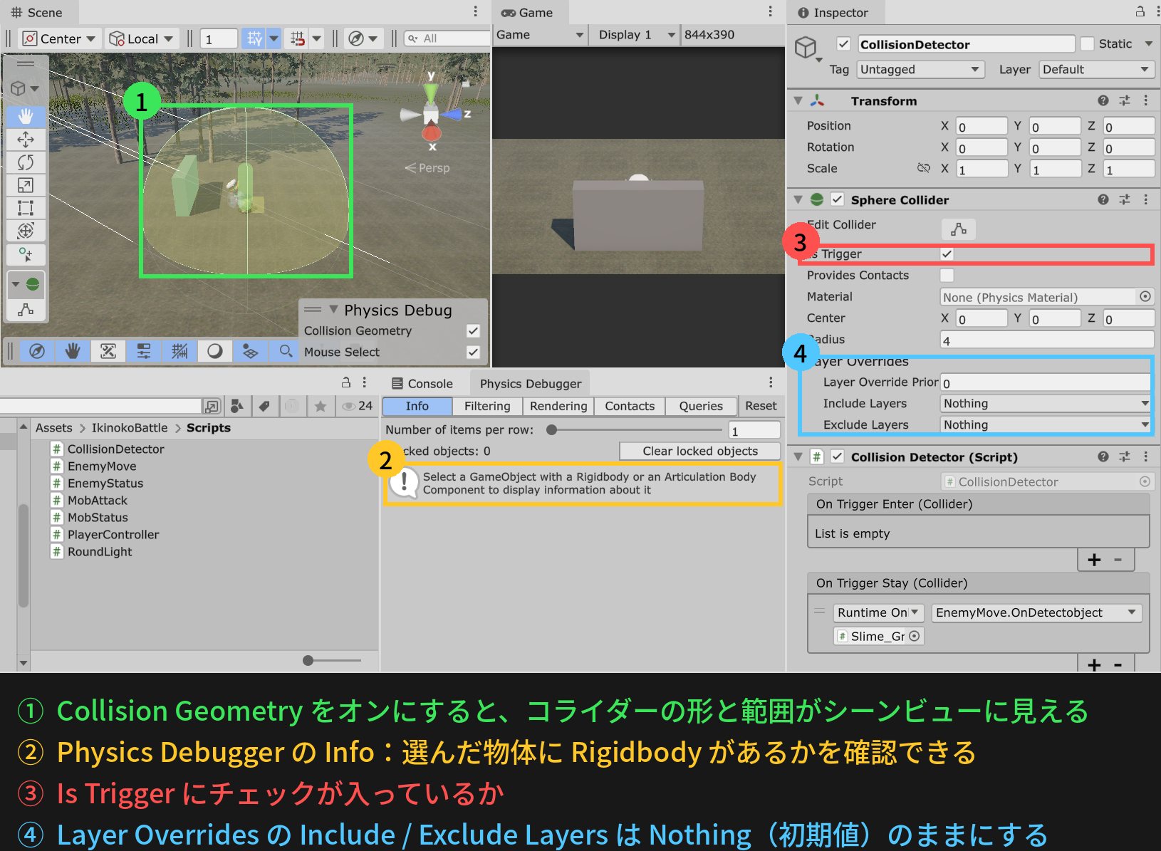 Physics DebuggerのCollision Geometryで索敵用SphereColliderの範囲がシーンビューに表示され、Is TriggerとLayer Overridesの確認箇所を示したUnity 6.3の画面