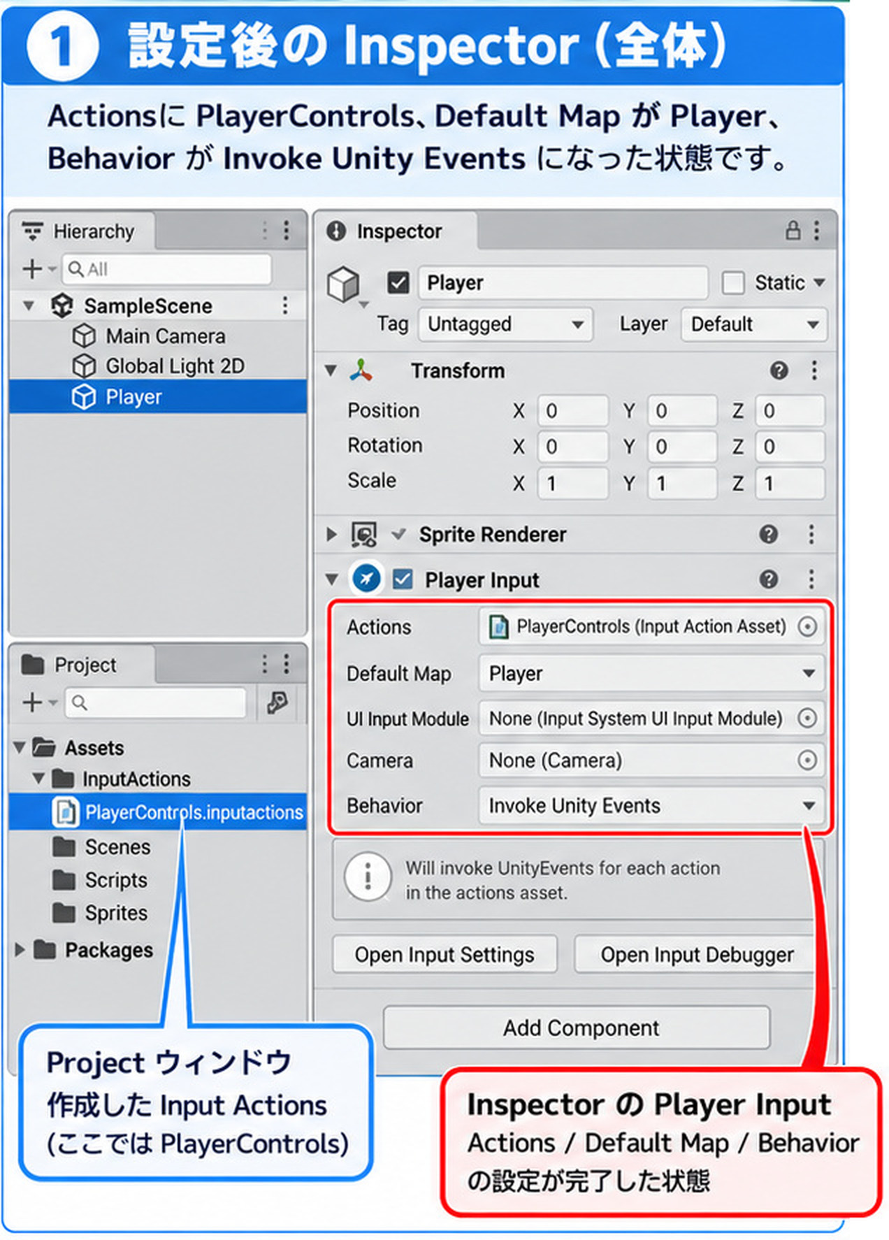 Actionsに PlayerControls、Default Map に Player、Behavior に Invoke Unity Events を設定したPlayer Inputと、Projectウィンドウの PlayerControls.inputactions