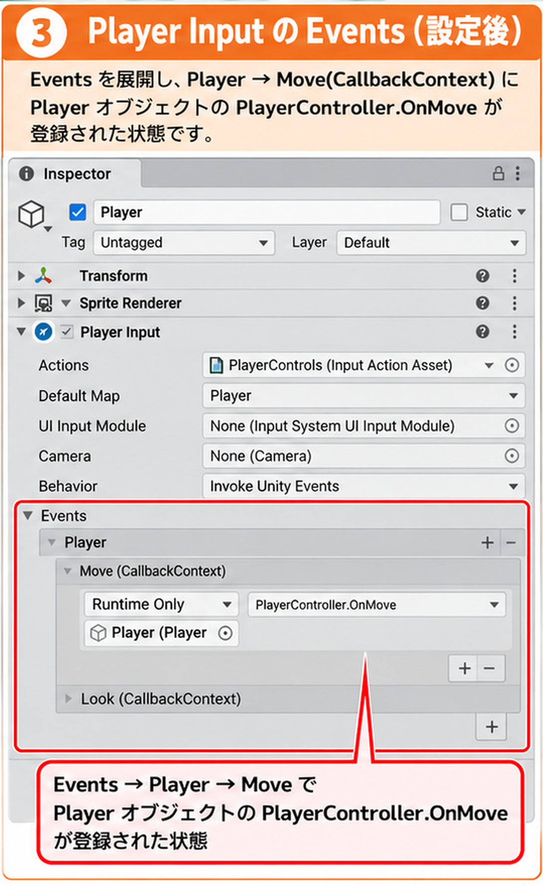Player InputのEventsで、Playerの Move(CallbackContext)に、PlayerオブジェクトのPlayerController.OnMoveが登録された状態