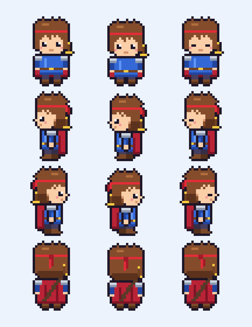 ドット絵の勇者が4方向それぞれで、立ち・息を吐く・まばたきの3コマを並べたアイドル用スプライトシート