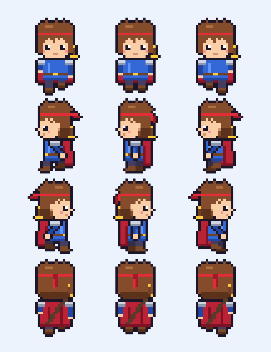 ドット絵の勇者が下・左・右・上の4方向に3コマずつ歩く、3列×4行のスプライトシート