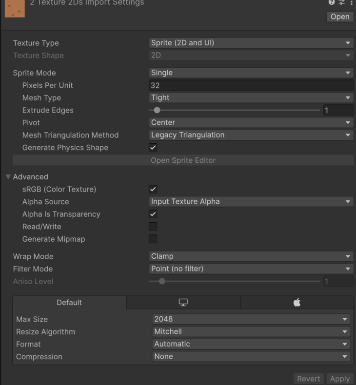 Unity 6のProjectウィンドウでPNGを選び、InspectorのImport SettingsでSprite (2D and UI)、Single、Pixels Per Unit 32、Point (no filter)、Compression Noneを設定してApplyした状態