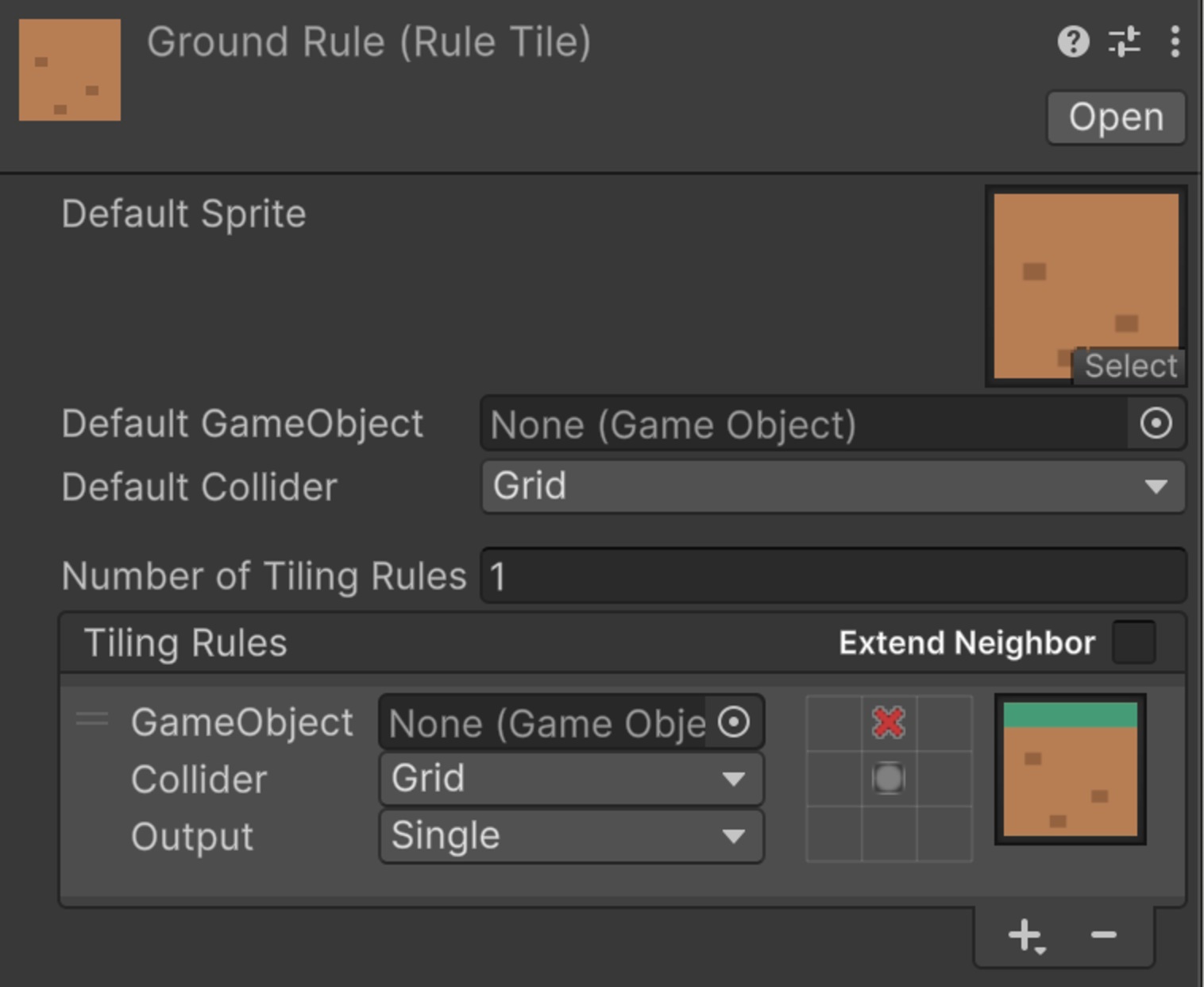Rule TileのInspector。Default Spriteに土のSprite、Default ColliderがGrid、Tiling Rulesの1件目で3×3の上中央が赤い×、OutputがSingleで草付きのSpriteを指定した状態