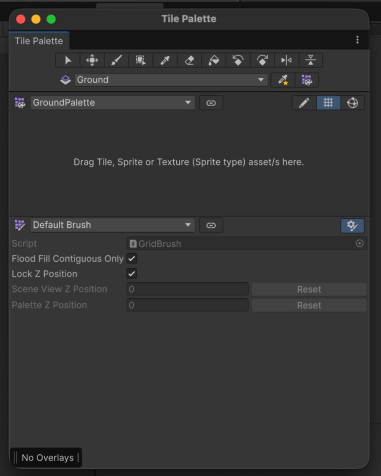 Tile Paletteウィンドウ。GroundPaletteが選ばれ、Active TargetはGround。パレットは空で、ここにSpriteをドラッグするよう表示されている
