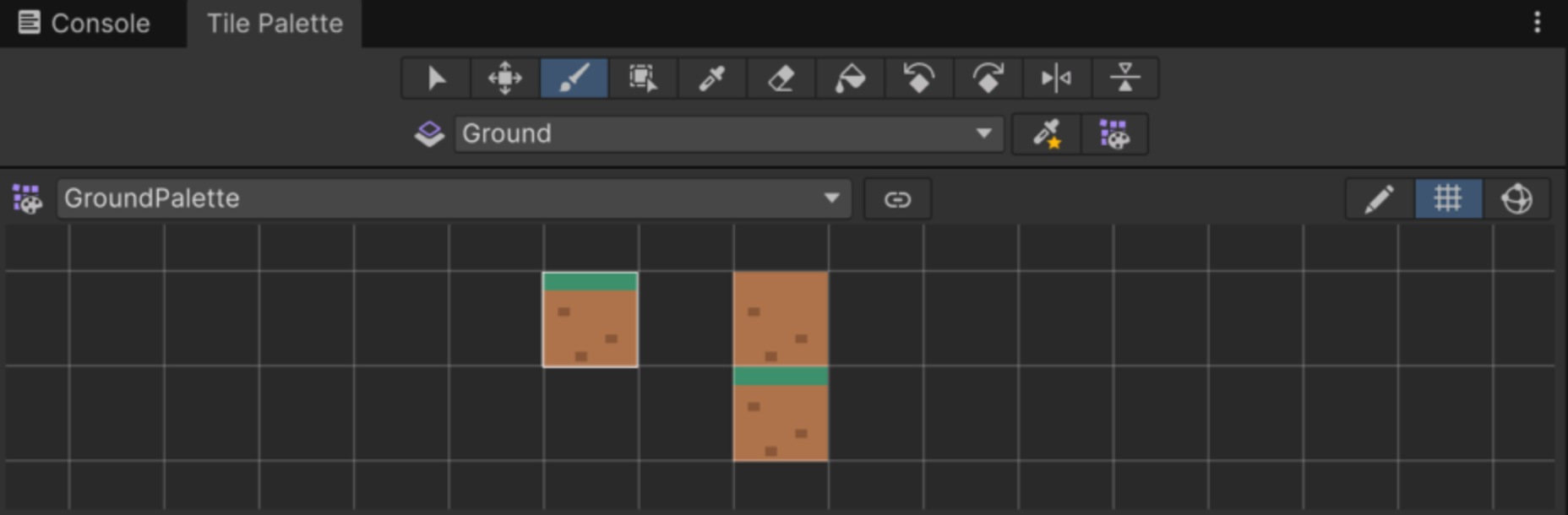 Tile Paletteウィンドウ。GroundPaletteの中に、GroundRuleのタイルと、土のタイル、草付きのタイルが並んでいる。Active TargetはGround