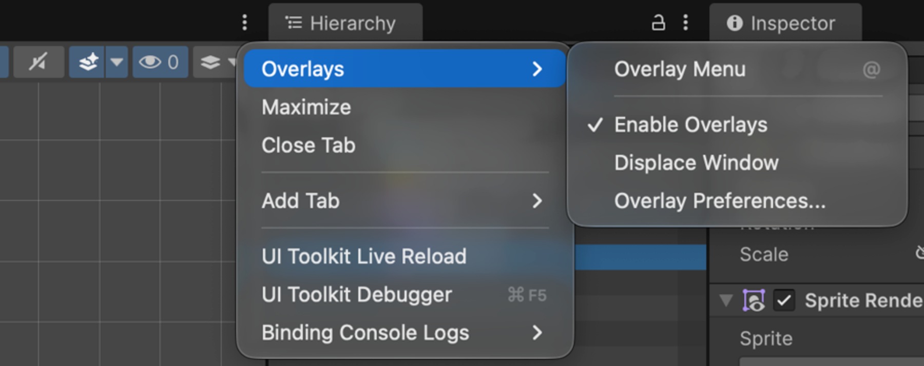 UnityのSceneタブの「⋮」メニューで、Overlaysの中にOverlay Menuが表示されている画面