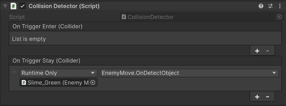 CollisionDetectorのInspector。UnityEventに書き換えた後も、On Trigger StayにEnemyMove.OnDetectObjectの登録が残っている様子
