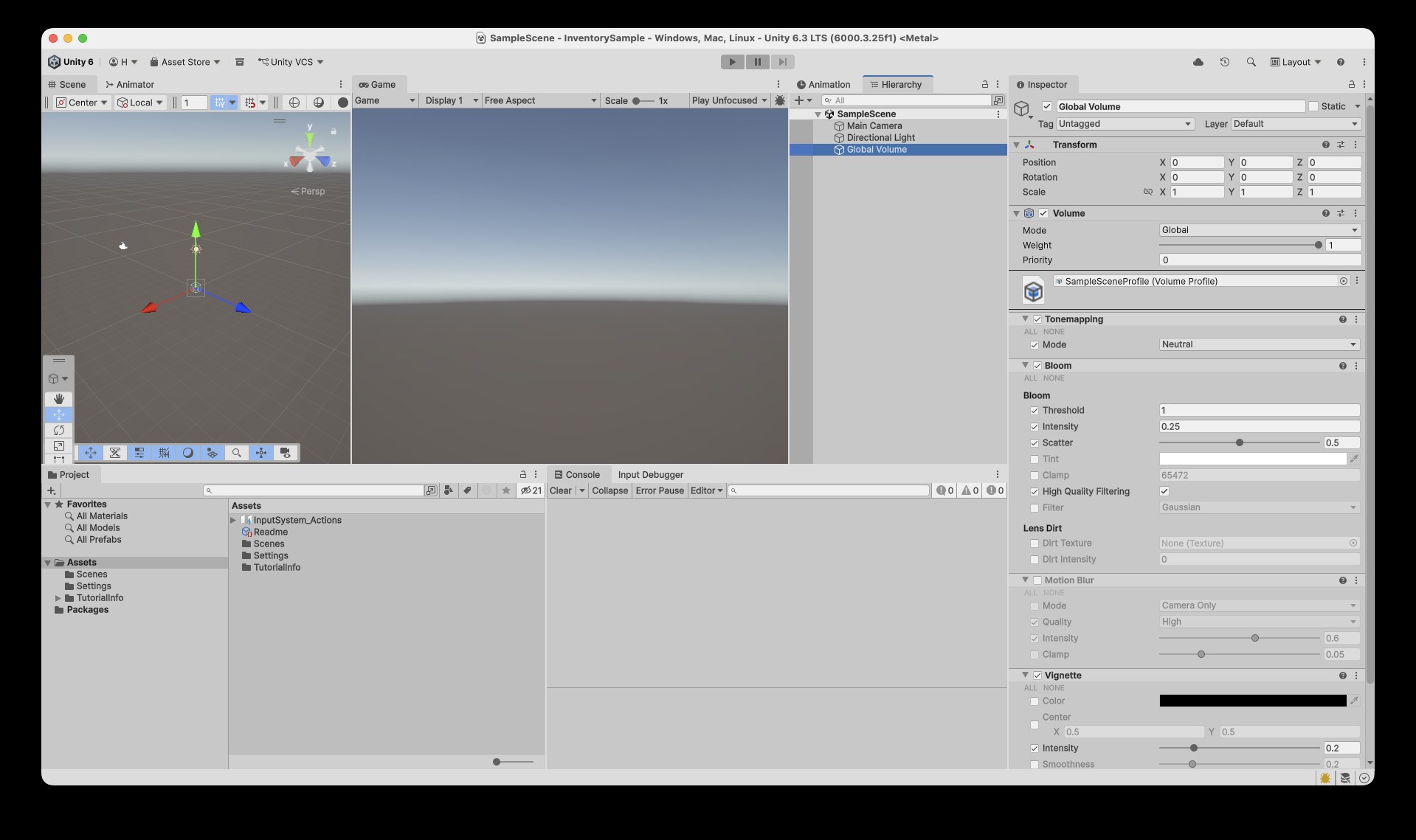 Unity 6.3のURPテンプレートでGlobal Volumeを選択した画面。InspectorにVolumeコンポーネントと、Tonemapping、Bloom、Motion Blur、Vignetteの設定が並んでいる